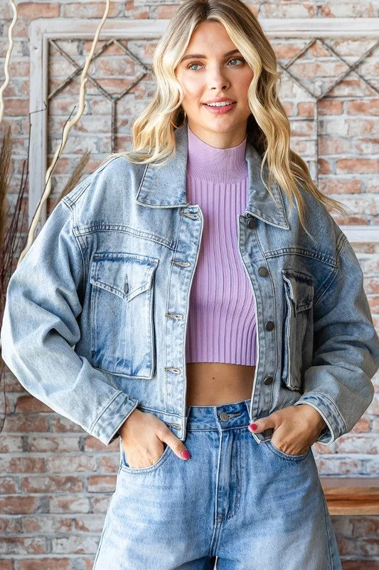 Look After You Cargo Pocket Cropped Denim Jacket Confident Women's High - fashion