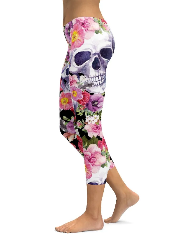 Colorful Floral Skull Capris Refined Women's Classic 