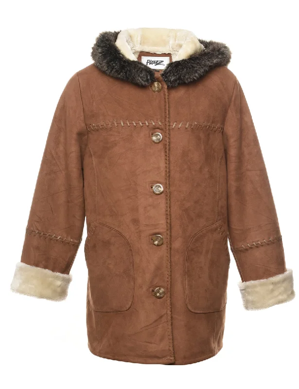 Hooded Brown Shearling Parka - M Women
