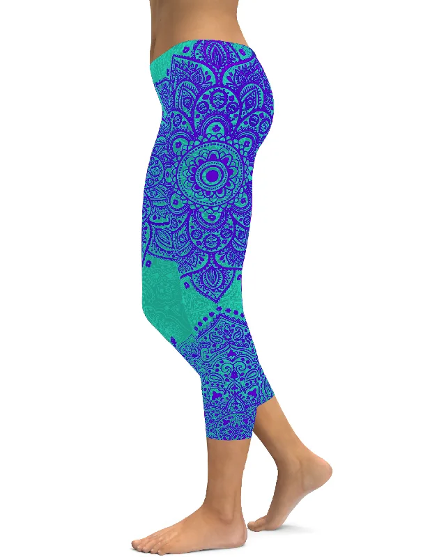 Turquoise and Purple Mandala Capris Dynamic Women's Moto