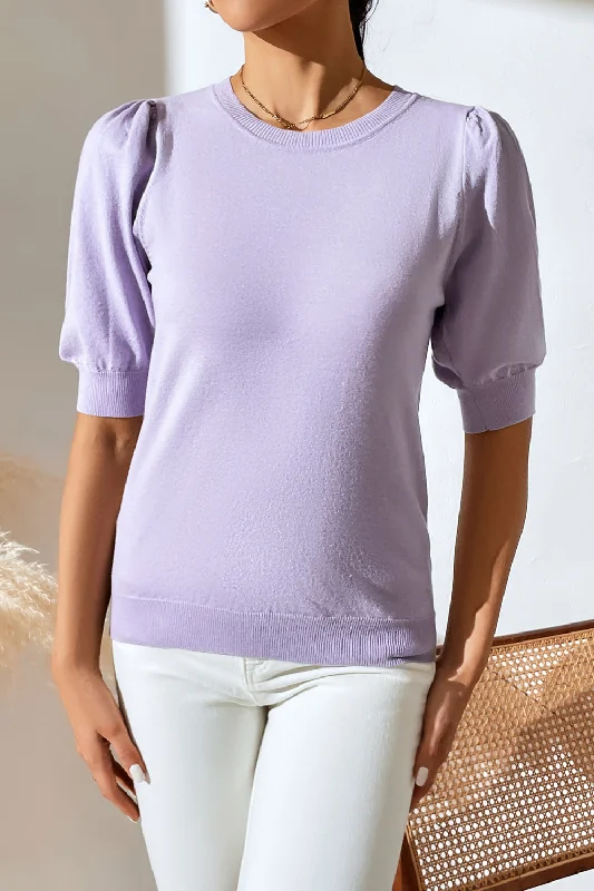 Round Neck Puff Sleeve Knit Top Monochromatic All - in - one