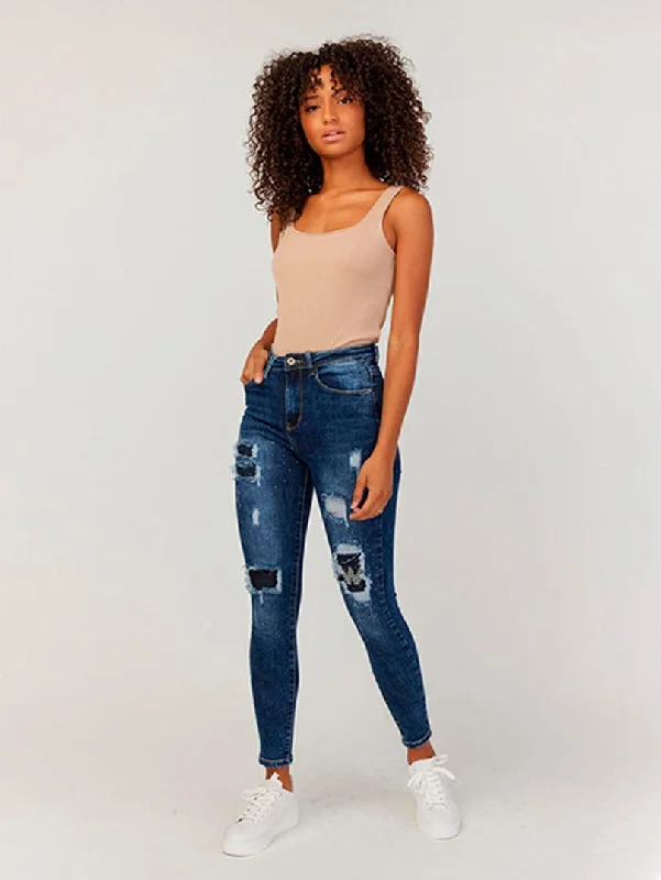 Jeans bleu slim doublure noire à strass Street