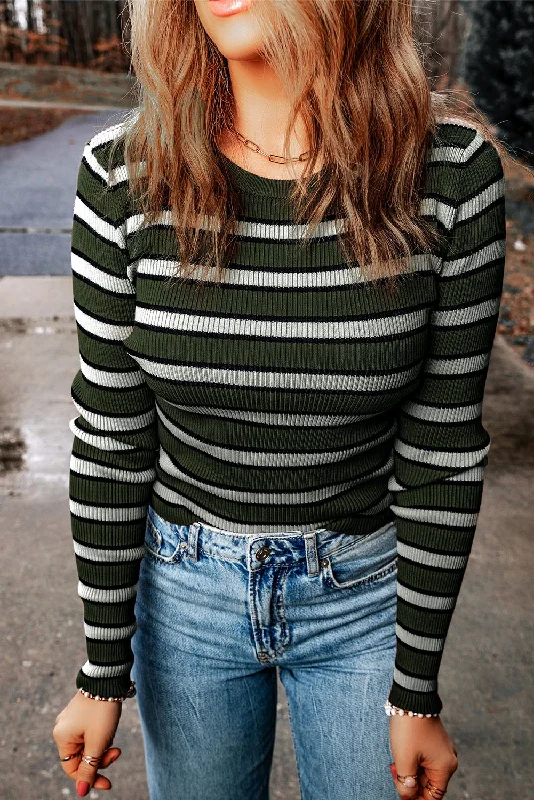 Striped Round Neck Long Sleeve Knit Top Relaxed Women's Beachy