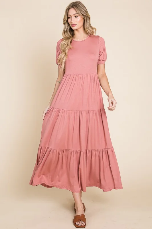 BOMBOM Short Sleeve Tiered Maxi Dress Hip Women's Retro