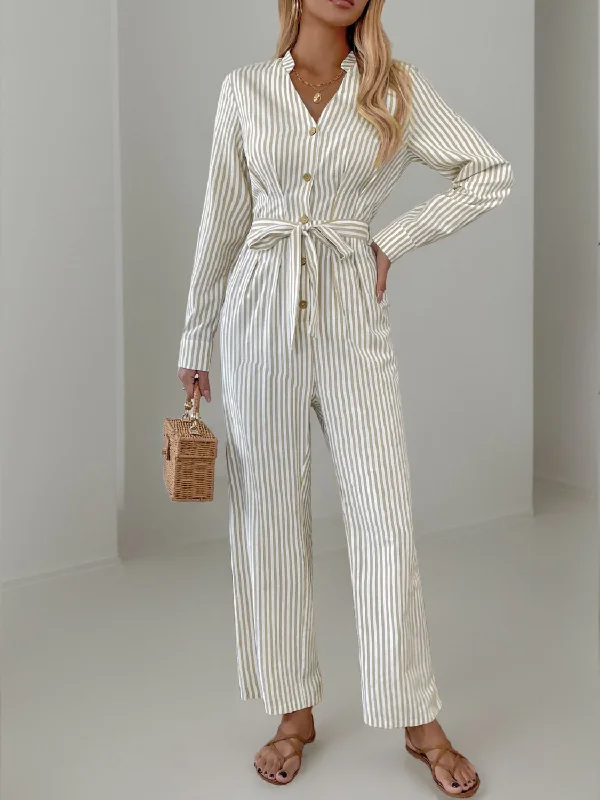 Striped Notched Long Sleeve Tie Waist Jumpsuit Polished Women's Silk