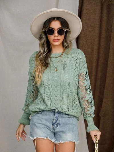 Eyelet Crochet Lantern Sleeve Sweater Sharp Women's Italian