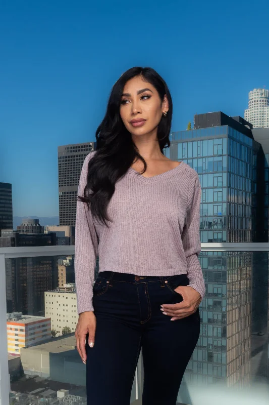 V-Neck Long Sleeve Rib Knit Top (T17324) Dynamic Women's Moto