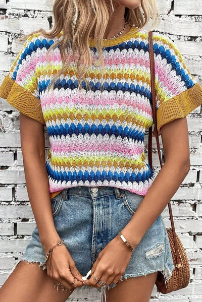 Striped Round Neck Short Sleeve Sweater Unique Women's Upcycled