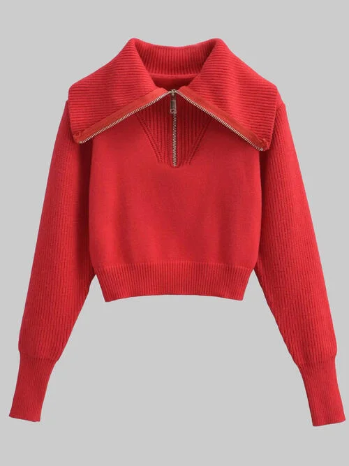 Half Zip Ribbed Collared Neck Knit Top Monochromatic Office Style
