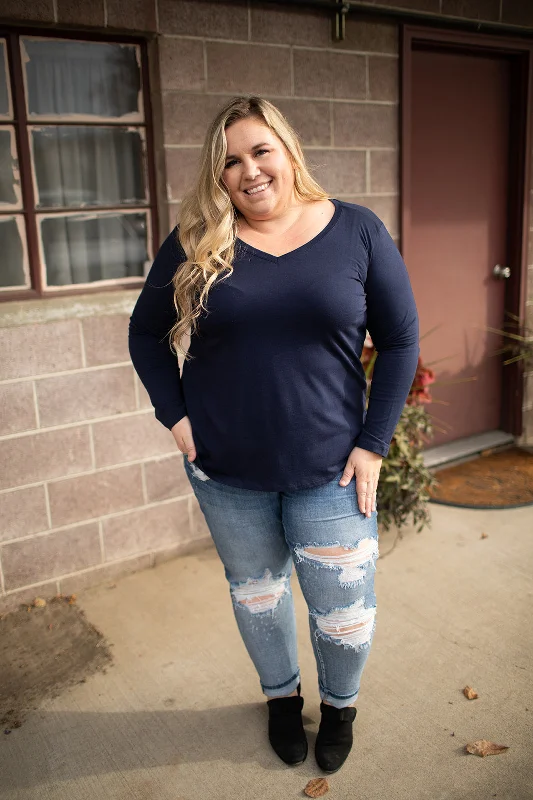 Navy Blue Basic Cotton Vneck Long Sleeve Tee (SM-3X) Vintage Women's 1970S 