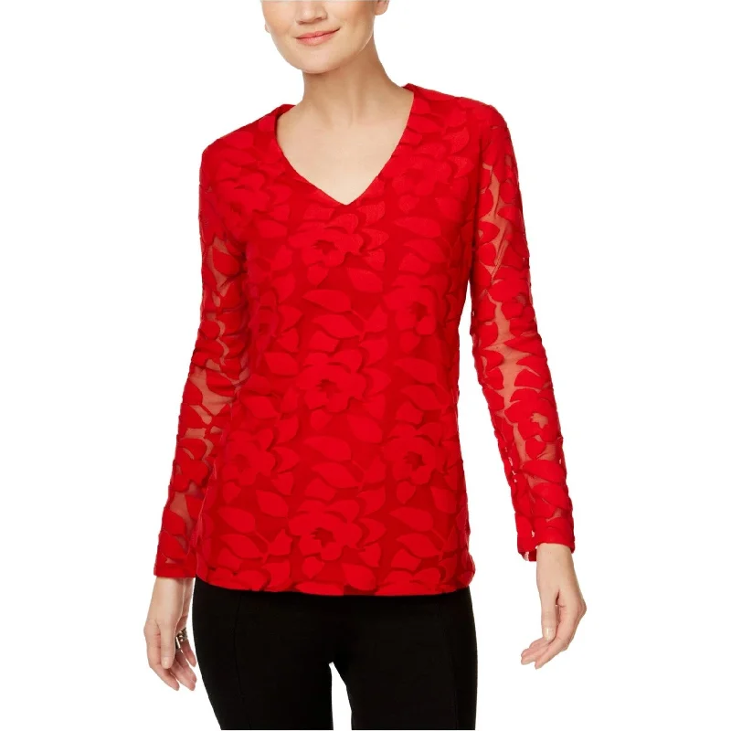 I-N-C Womens Burnout Illusion Knit Blouse, Red, X-Small Artistic Women's Hand - painted