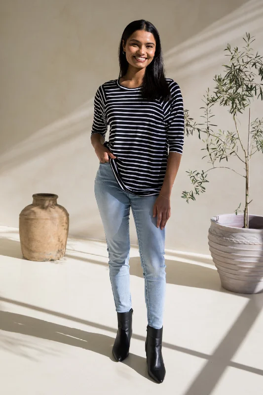Long Sleeve Hi Low Kiana Top | Black/White Stripe Preppy Women's College