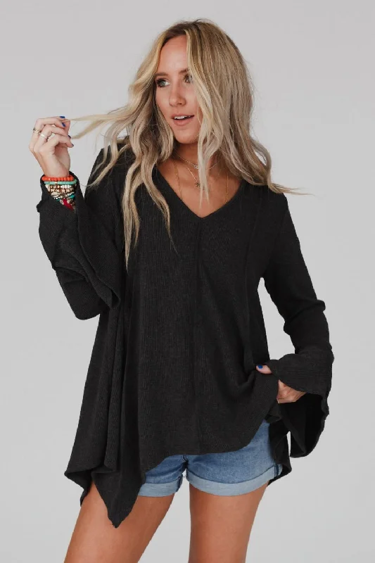 Golden Hour Long Bell Sleeve Top - Charcoal Earthy Women's Hemp - based