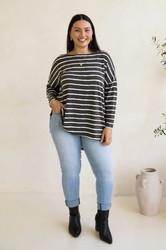Pippa Top | Moss Green/White Stripe Bold Women's Statement
