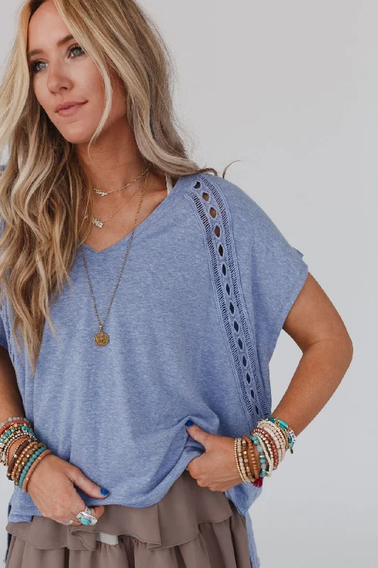 The Nest Camden Lace V Neck Top - Denim Stylish Women's Neon
