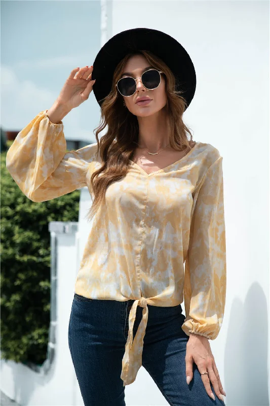 Tie-Dye Tied Balloon Sleeve Blouse Stylish Women's Tropical 
