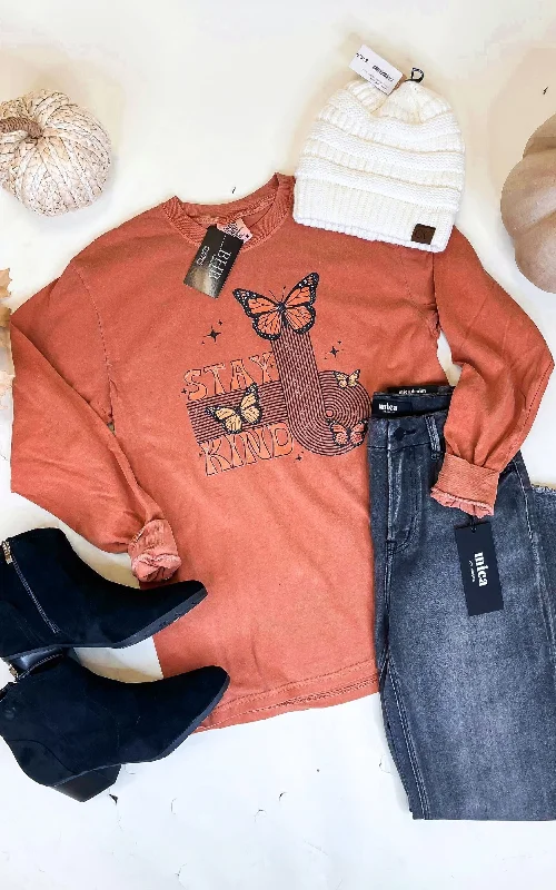 Stay Kind Garment Dyed Long Sleeve Graphic Top* Luxurious Women's High -  end
