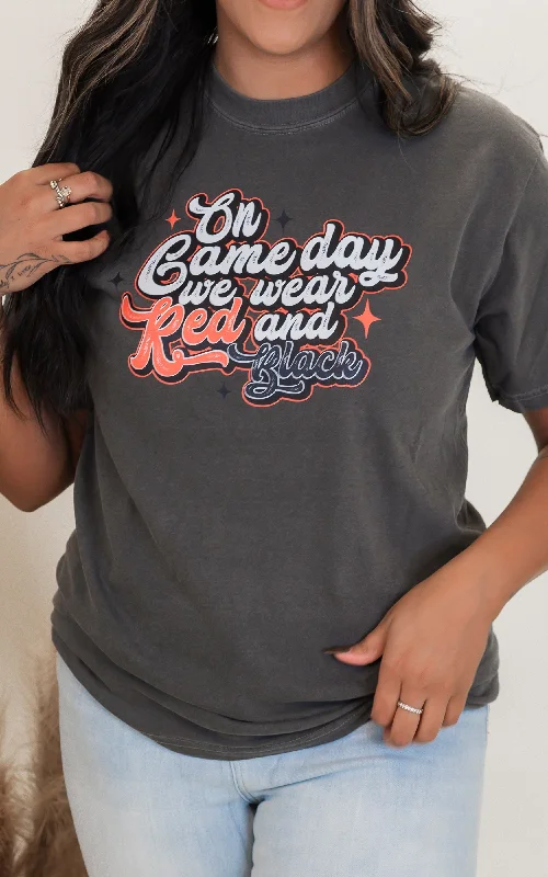On Game Day We Wear Red & Black Garment Dyed Graphic T-shirt** Streetwear Style for 