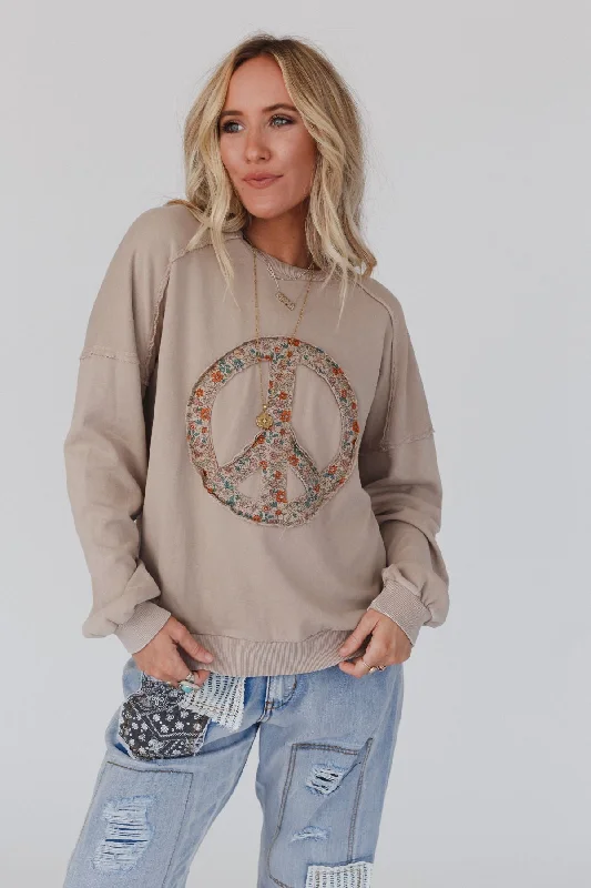 Jenny Floral Peace Sign Pullover Top - Mocha Earthy Women's Hemp - based
