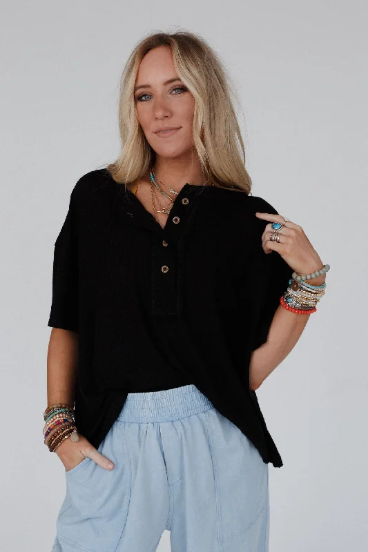 The Nest Soft Plume Henley Top - Black Artistic Women's Hand - painted