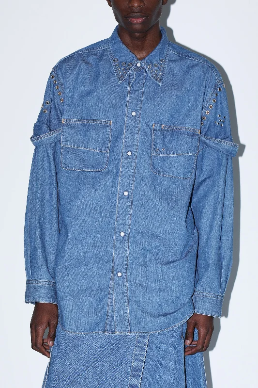 Metal Eyelet Denim Shirt - UNISEX Classic Women's Pin - striped