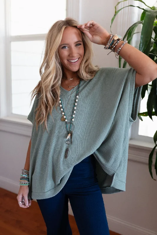 The Nest Rowan Oversized Ribbed Knit Top - Sage Bohemian Women's Free