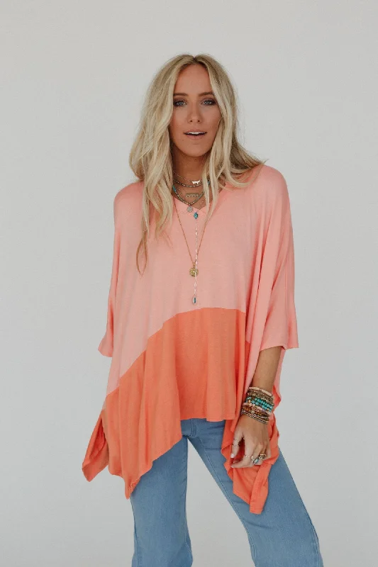 The Nest Coffee Sunsets V Neck Top - Dark Peach Tangerine Sophisticated Women's Tailored