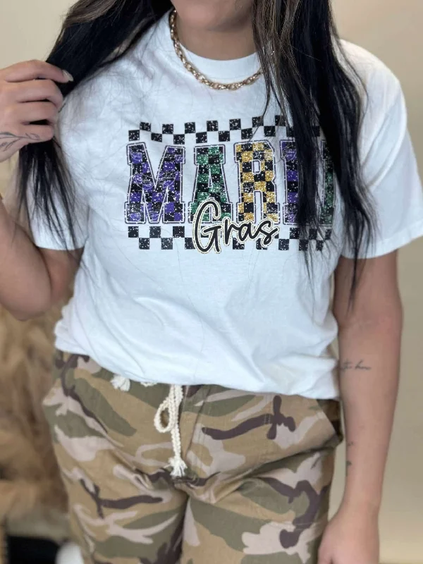 Mardi Gras Check Garment Dyed Graphic T-shirt Practical Women's Multi - 