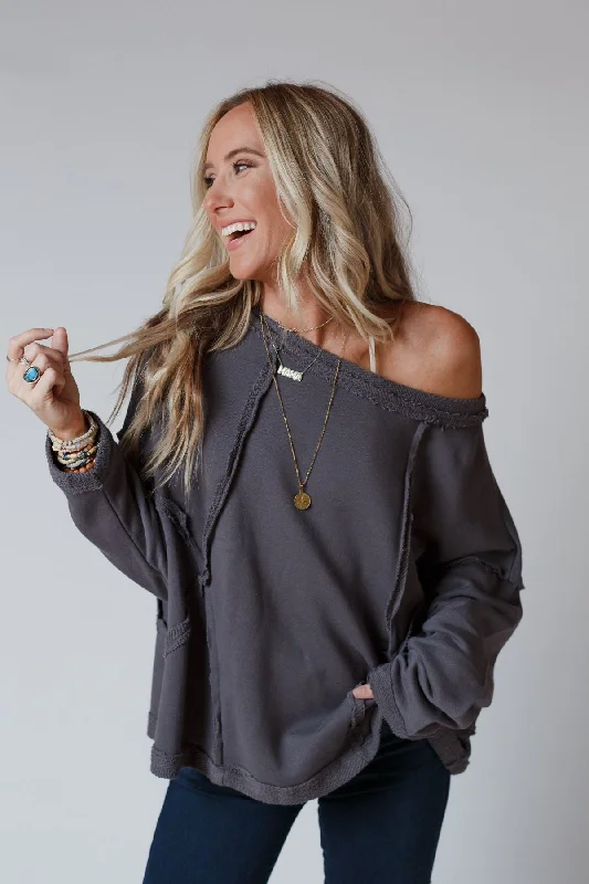 Bailey Oversized Raw Edge Top - Charcoal Relaxed Women's Beachy