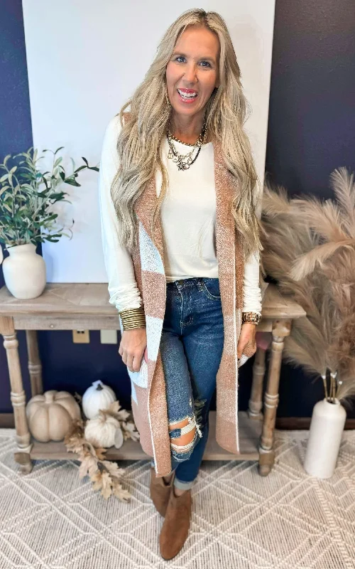 Mocha Checked Long Sweater Vest Sporty Women's Athleisure 
