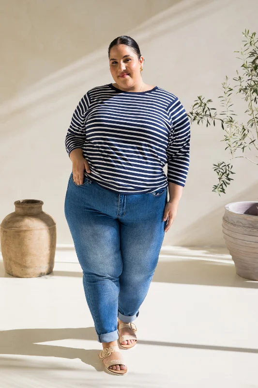 Long Sleeve Hi Low Kiana Top | Navy/White Stripe Minimalist Women's Casual