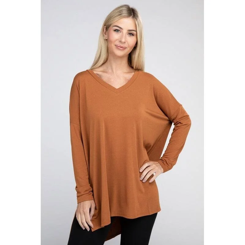 Dolman Long Sleeve VNeck Side Slit HiLow Hem Top Hip Women's Urban