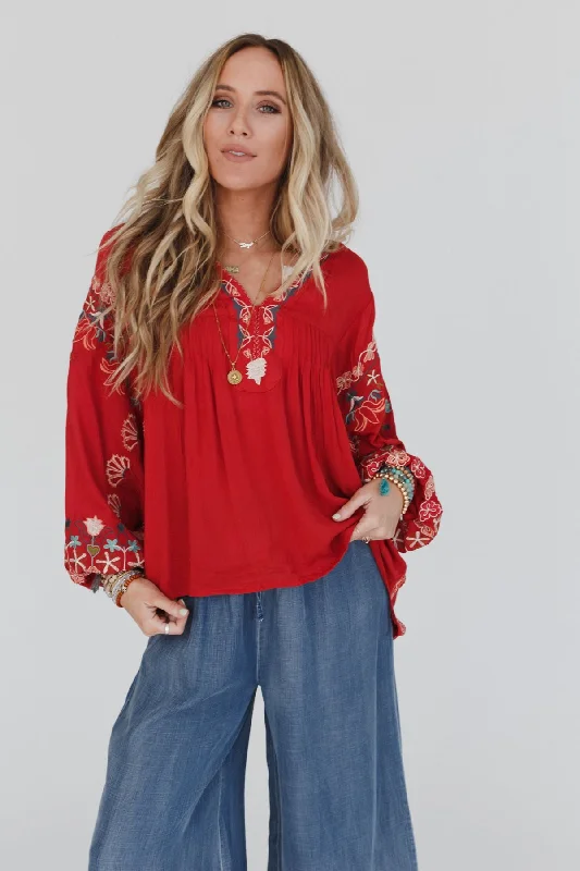 Frida Embroidered Dolman Sleeve Top - Red Orange Scandinavian