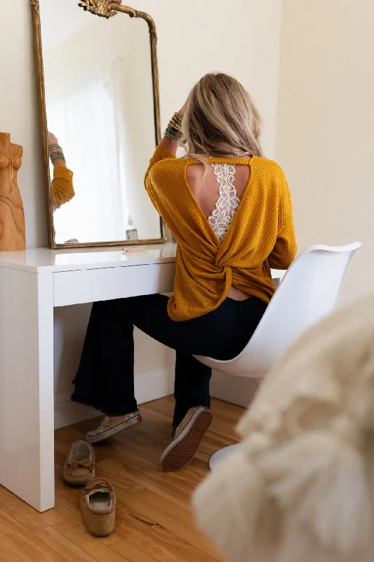 The Nest Flattering Open Back Thermal Knit Top - Mustard Laid - back Women's Style