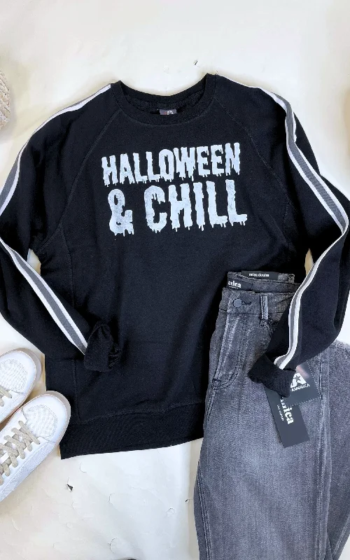 Halloween & Chill Fleece Black w/ Grey Stripe Graphic Sweatshirt - FINAL SALE Casual Women's Japanese 