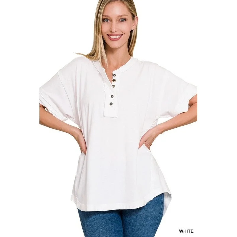 Raw Edge Detailed Button Closure Short Sleeve Top Preppy Women's College