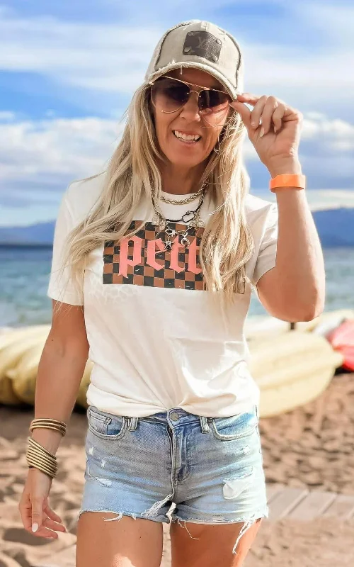Petty Check Graphic T-shirt Artistic Women's Hand - painted