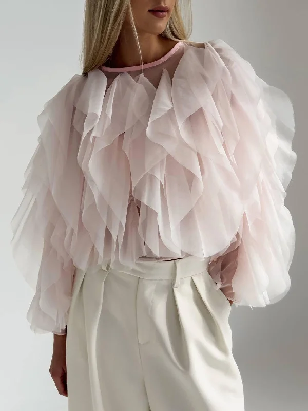 Elegant Tulle Detail Blouse Stylish Women's Neon