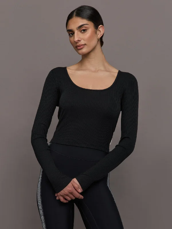 Rivington Ribbed Long Sleeve Scoop Neck Crop Top - Black Modern Women's 