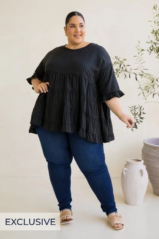 Sofia Top | Black Pinstripe Cozy Women's Sherpa - lined