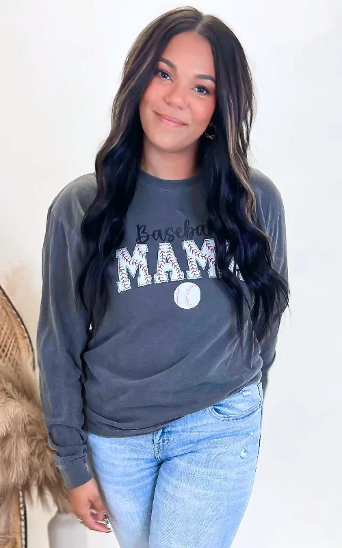 Baseball Mama Garment Dyed Long Sleeve Graphic Top Polished Women's Silk