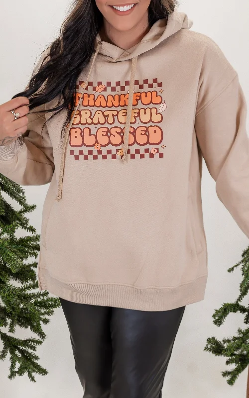 Thankful Grateful & Blessed Taupe Side Slit Hoodie - Final Sale French