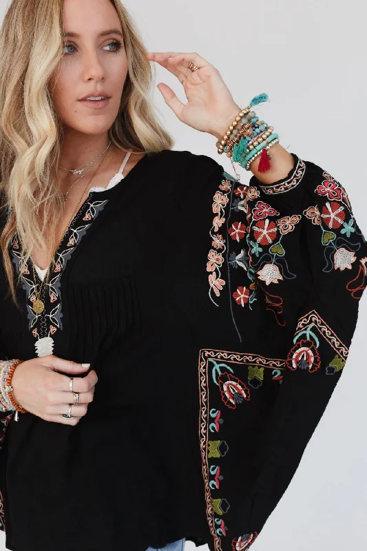 Frida Embroidered Dolman Sleeve Top - Black Preppy Women's College